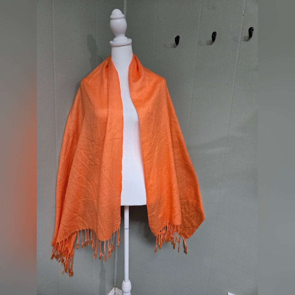Vibrant Orange Casmere Shawl with Fringe